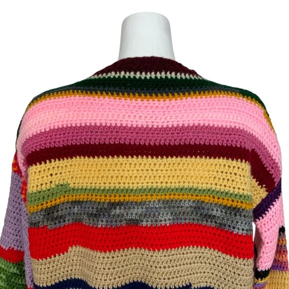 Scrap Yarn Colorful Crochet Sweater Jumper S Balloon Sleeve Crewneck Grandmacore - Picture 7 of 11